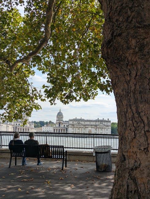 A large tree with green leaves and a thick textured trunk is positioned on the right side of the image, casting shadows over a paved walkway. On the left side, two people sit on a black metal bench facing a river, with their backs to the camera. Positioned behind the bench is an additional black bench, and a black metal trash bin with a slatted design is situated nearby. Beyond the railing of the walkway, the river is visible, with historic buildings and a domed structure in the background under a partly cloudy sky. This scene captures a peaceful outdoor setting likely in Greenwich, with an emphasis on the natural and architectural elements that support home relocation and furniture transport activities, as experienced during city moving and packing processes, with Movers Greenwich operating in the area.