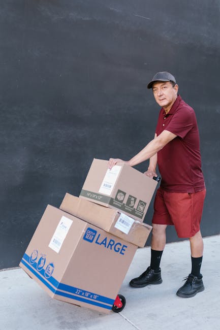 A man wearing a maroon polo shirt, red shorts, black socks, and black shoes is standing outdoors on a paved surface, operating a red-handled hand truck or trolley loaded with three cardboard boxes. The boxes are of varying sizes, with the largest positioned at the bottom, marked with the word 'LARGE' and measurements of 22 x 18 x 15 inches, the middle box wrapped with packing tape, and the smallest on top, also taped. The background features a smooth, dark grey wall, and the scene suggests a home relocation or furniture transport process, with focus on the loading or unloading of items as part of a house move managed by Movers Greenwich, specialists in removals and moving services. The lighting indicates natural daylight, highlighting the careful handling of packed household items in a house removal context.